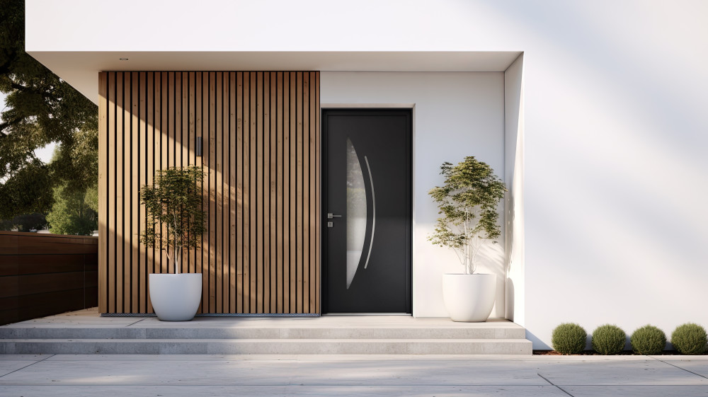 Porte d'entrée aluminium Skyros - Visuel d'ambiance Maison vue d'extérieur avec porte d'entrée grise anthracite